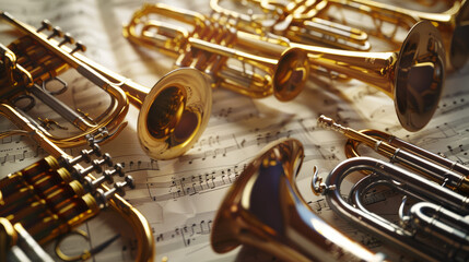 Naklejka premium A collection of brass instruments elegantly arranged on sheet music, highlighted by soft lighting, celebrating musical craftsmanship.