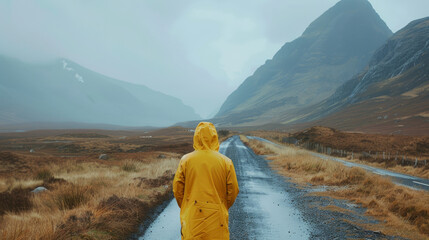 Fototapeta premium A lone figure in a yellow raincoat walks down a misty, deserted road, surrounded by towering, mist-covered mountains.