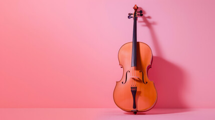 A cello stands against a solid pink backdrop, emphasizing its natural wood texture and the contrast between the instrument and the vivid background.