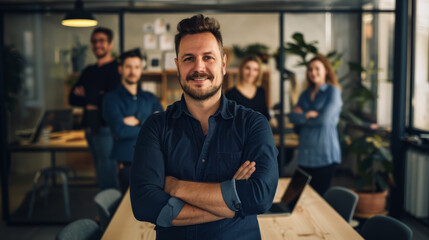 Obraz premium A smiling man in casual attire stands confidently in a lively office, with a supportive team blurred in the background, embodying leadership and teamwork.