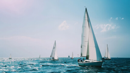 Fototapeta premium Sailboats glide on a sunlit sea, their sails full with wind, capturing a perfect day of maritime adventure and serene beauty.