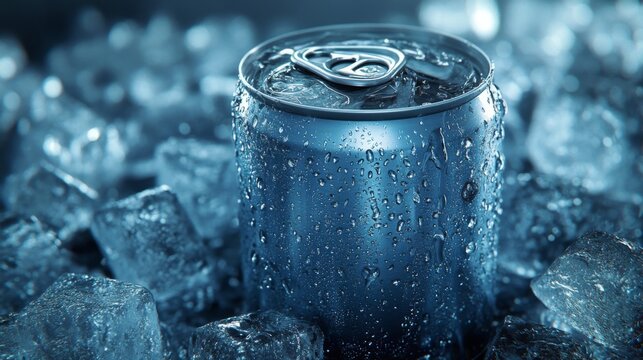 A can of cold drink embedded in ice cubes, condensation dripping down, giving a chilled and invigorating appearance.