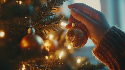 Cinematic low angle shot of a person hanging ornaments on a Christmas tree, illuminated by soft natural light