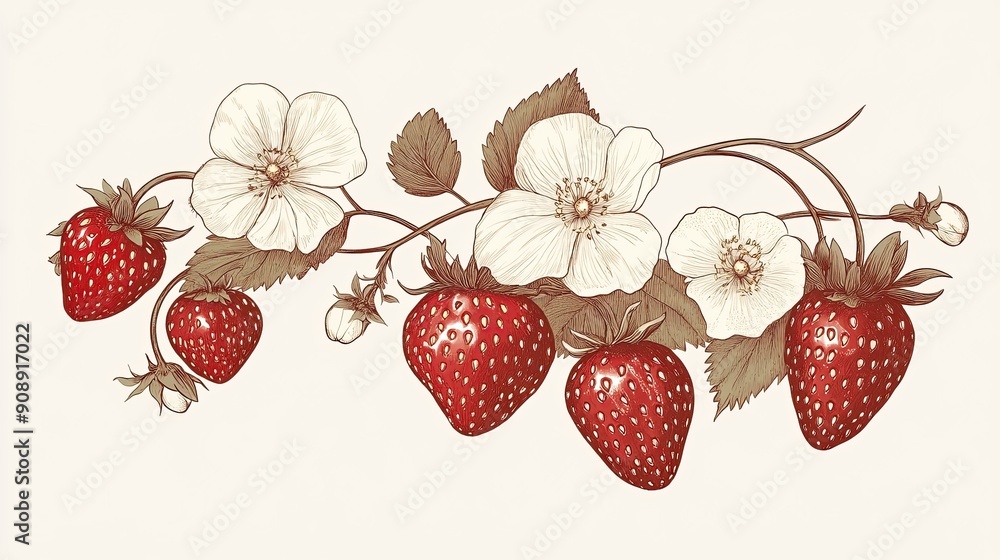 Poster delicate strawberries surrounded by leaves and flowers on a light background in spring