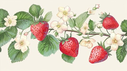 Vibrant Red Strawberries With Green Leaves And White Flowers Displayed On A Soft Light Background
