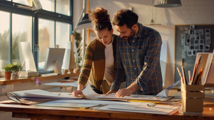 Two colleagues closely collaborate on design plans in a sunlit, creative workspace filled with art supplies.