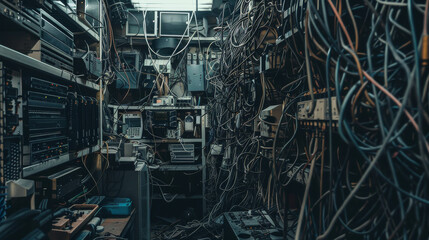 A network of cables and outdated electronic devices crammed into a small, dimly lit room, reflecting a bygone era of technology.