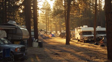 Obraz premium A picturesque campground in the woods with campers, RVs, and tents lit by the gentle glow of the setting sun.