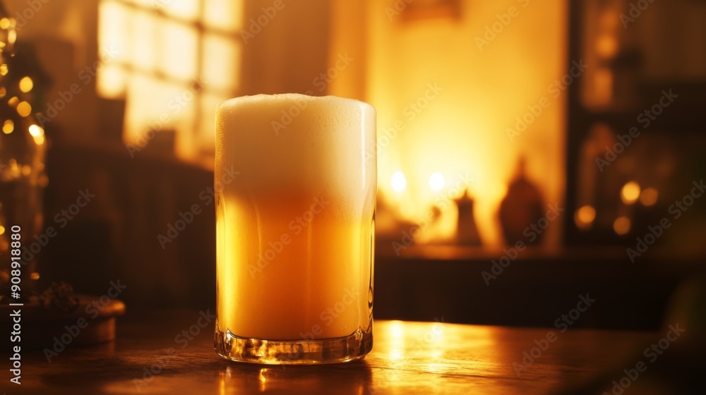 Poster a glass of frothy golden beer, illuminated by warm, soft light, creating a cozy and inviting vibe.