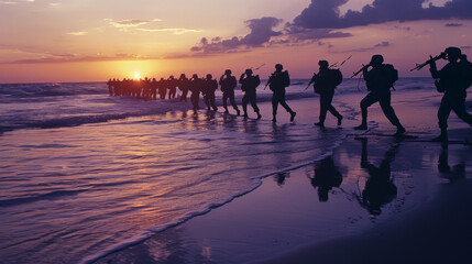 Fototapeta premium A line of soldiers wade through shallow waters on a beach during sunset, mirrored perfectly in the golden-hued water, exuding strength and unity.