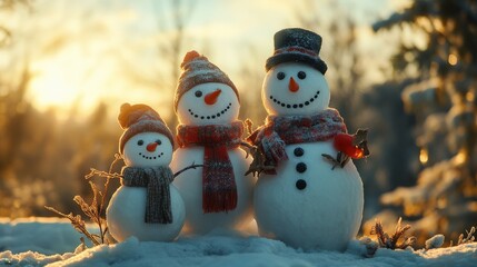 Obraz premium Cinematic high angle shot of a snowman family with different accessories, lit by natural light