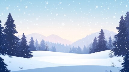 A snowy landscape with a mountain range in the background and pine trees in the foreground