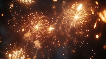 Fototapeta premium Cinematic low angle shot of fireworks exploding in the sky during a New Year celebration, illuminated by soft natural light