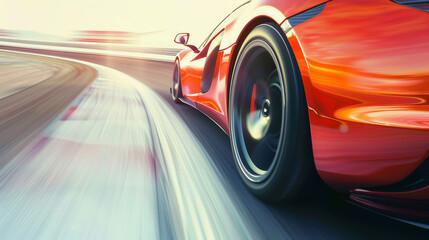 A sleek red sports car speeds gracefully around a curve on a racetrack, capturing the excitement and thrill of high-speed automotive performance.