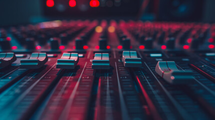 Close-up of a dimly lit sound mixing board with glowing lights and numerous controls.