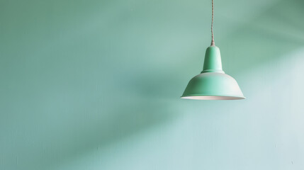 Obraz premium A minimalist photograph featuring a single mint green pendant light hanging against a smooth, mint green wall, casting a subtle shadow.