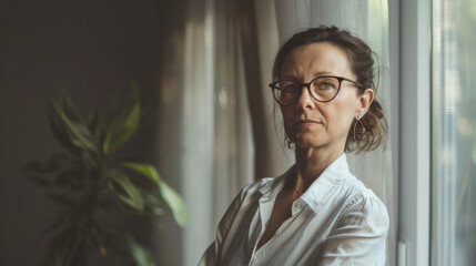 A confident woman with glasses leans against a window, bathed in soft natural light, with a pensive expression and a houseplant in the background.