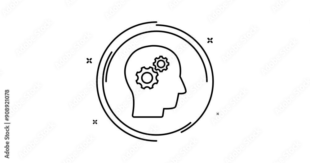 Poster mind gears animated outline icon on white background. gears in human head rotation appearance 4k mot