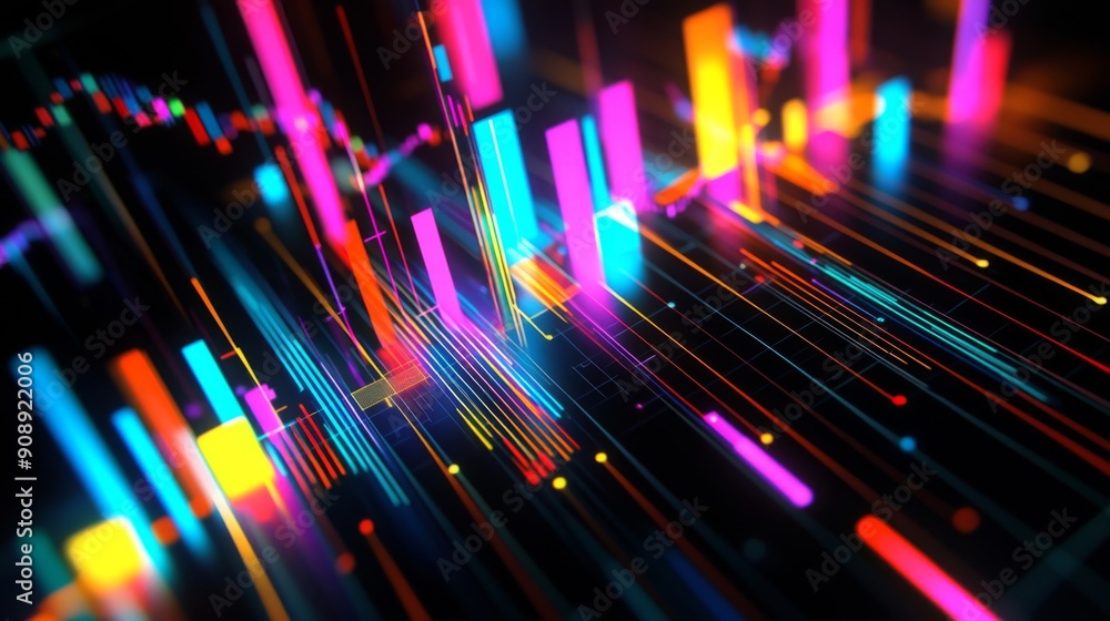 Poster abstract 3d financial graph with colorful, intersecting bars and lines on a black background.