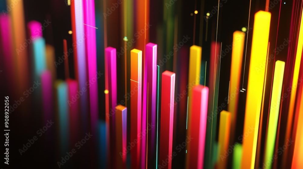 Poster abstract 3d financial graph with colorful, intersecting bars and lines on a black background.