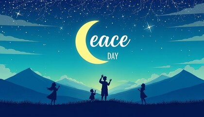 Silhouetted Figures Watching Moonrise Celebrating Peace Day