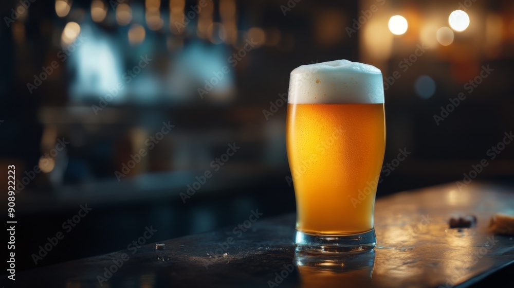 Poster a frothy-headed beer with a golden color, illuminated by warm, soft light, creating a serene and coz