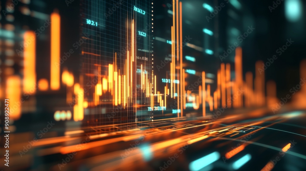 Aufkleber Abstract 3D financial graph with dynamic lines and bars representing market data.