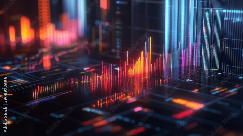 Poster abstract 3d financial graph with glowing lines and bars illustrating market fluctuations.