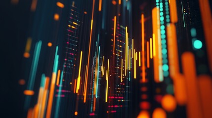 Abstract 3D financial graph with dynamic lines and bars representing market data.