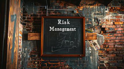 Risk management text written in white chalk on a blackboard hanging on a weathered brick wall