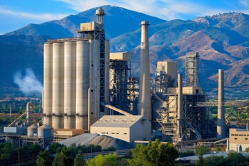 Cement factory is releasing smoke from its chimneys with mountains in the background on a sunny day