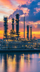 Fototapeta premium A large industrial plant is lit up at sunset