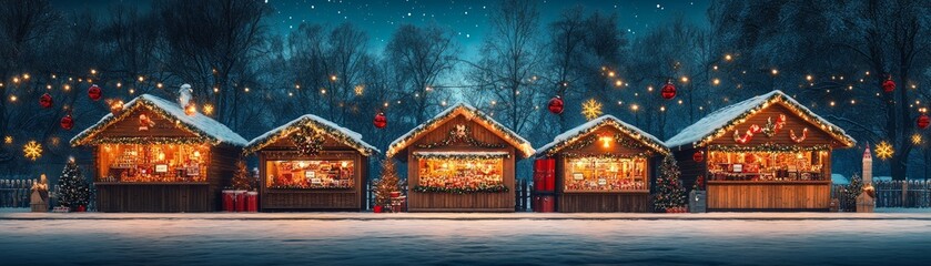 A magical winter scene featuring illuminated market stalls amidst a snowy landscape, evoking a festive holiday atmosphere.