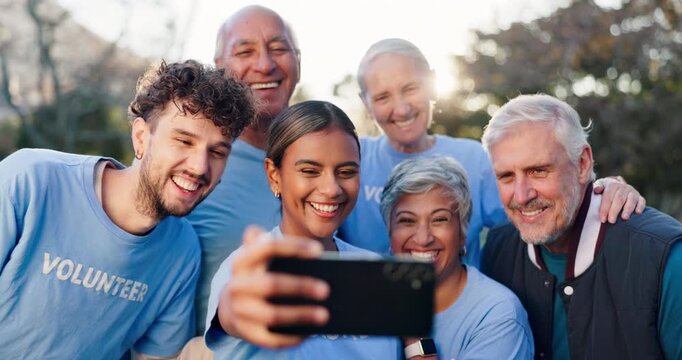 People, volunteer and happy in park with selfie for teamwork, collaboration and outreach program. Team building, outdoor and community service or work for charity, NGO and change in New York