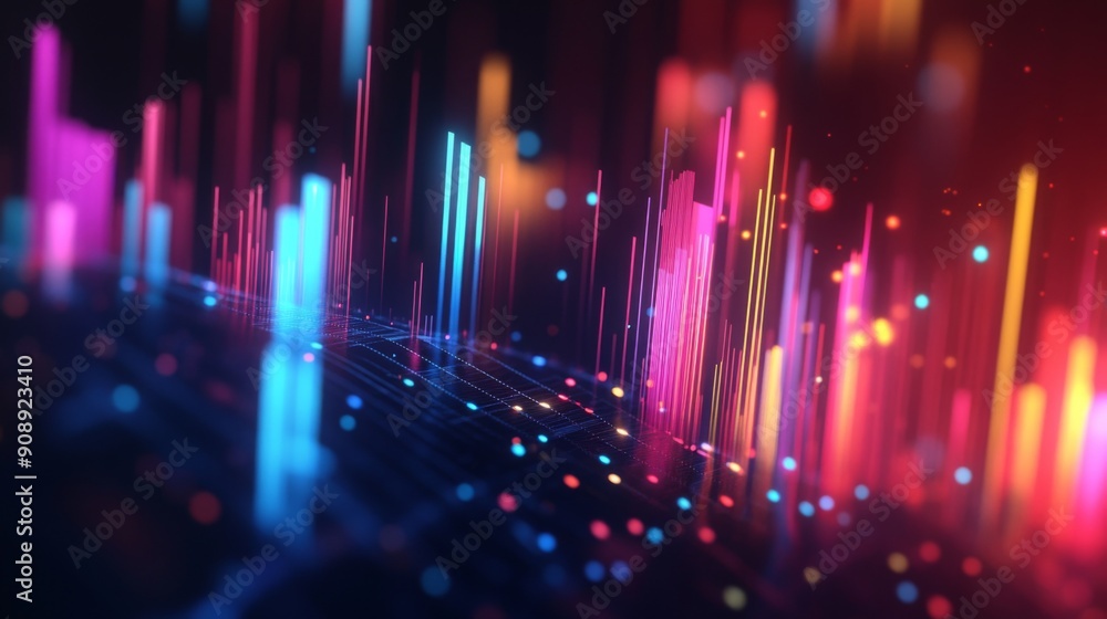Aufkleber abstract 3d financial graph with vibrant, colorful bars and lines on a dark background.