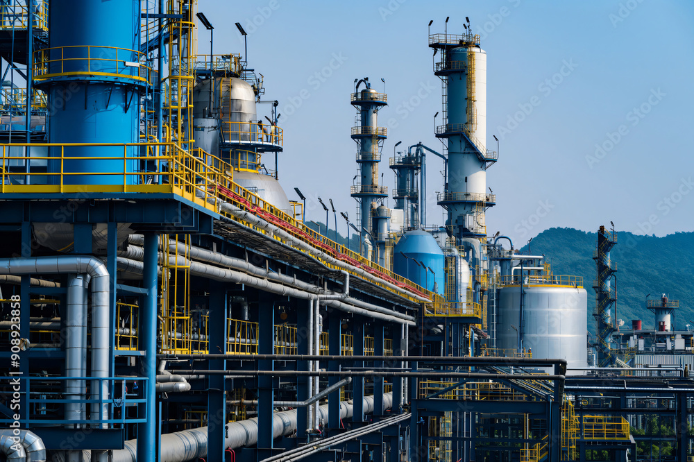 Aufkleber complex network of pipes and structures comprising a modern chemical processing plant operating on a