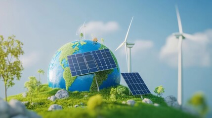 Abstract 3D globe with solar panels and wind turbines, showcasing renewable energy sources.