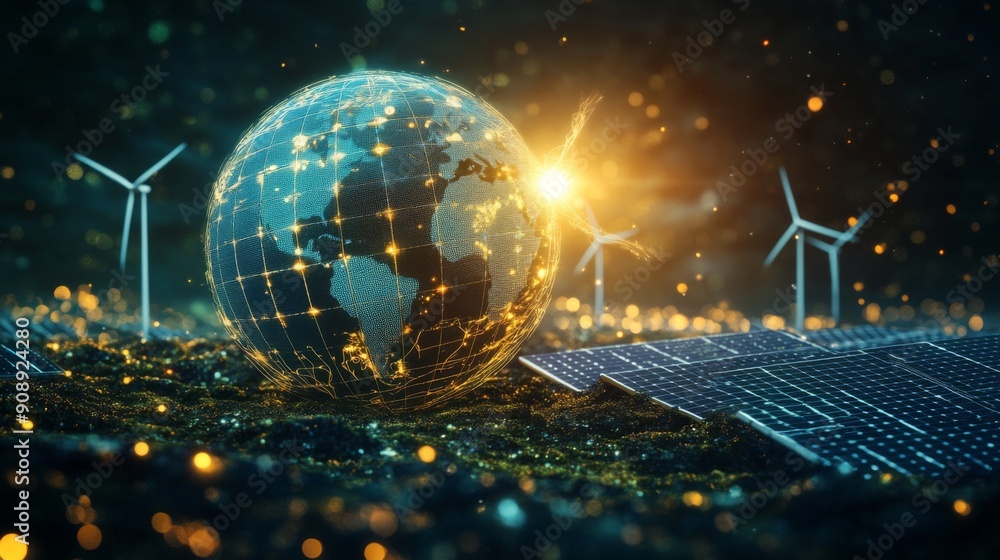 Aufkleber abstract 3d globe with solar panels and wind turbines, showcasing renewable energy sources.