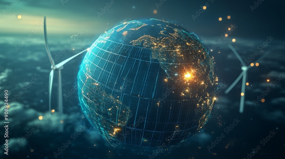 Aufkleber abstract 3d globe with solar panels and wind turbines, symbolizing renewable power sources.