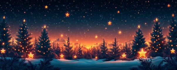 Fototapeta premium A serene winter landscape featuring snow-covered trees and glowing stars against a twilight sky, ideal for festive imagery.