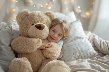 Smiling girl cuddles a big teddy bear on a cozy bed in a loving bedroom. White sheets, pillows, and soft lights create a warm atmosphere