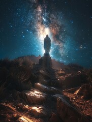 Obraz premium Jesus Christ on the cross, a light beam shines on from below ascending into heaven