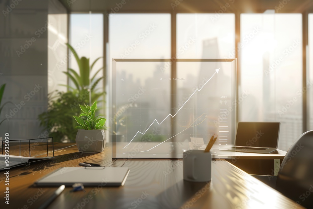 Poster a spacious office features large windows, showcasing natural light and a growth chart symbolizing pr