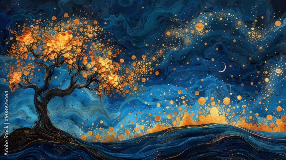 Canvas Prints painting of trees, psychedelic patterns and swirling colors