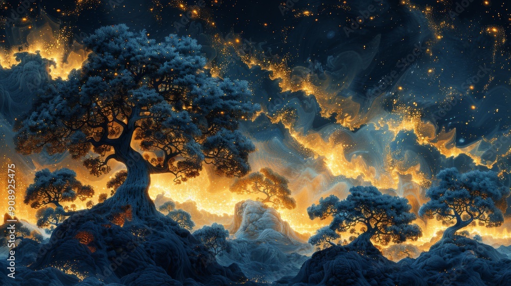 Canvas Prints painting of trees, psychedelic patterns and swirling colors