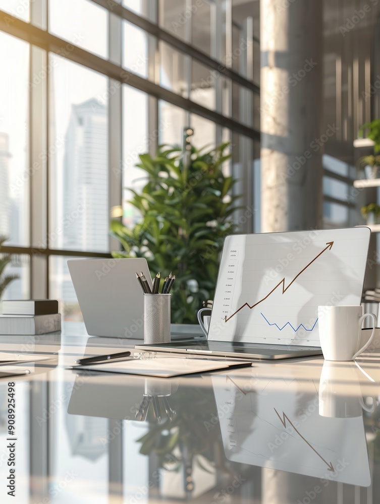 Poster a sleek office showcases large windows, potted plants, and laptops displaying growth charts amidst a
