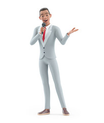 3d character businessman speaking into a microphone