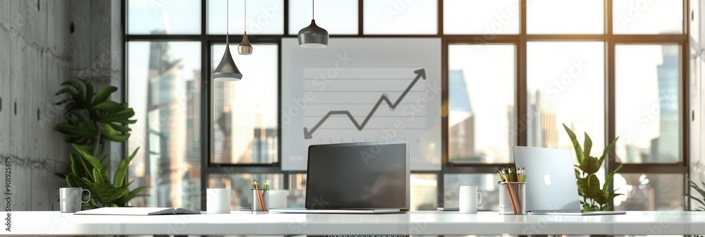 Poster bright office features large windows, plants, and charts, creating an inspiring environment for coll
