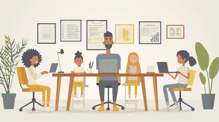 vector illustration with minimal style of an office desk with people