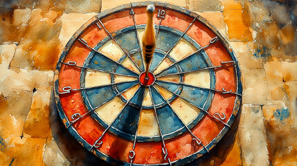 Precision in Watercolor: Dart Hitting Bullseye on Target Board